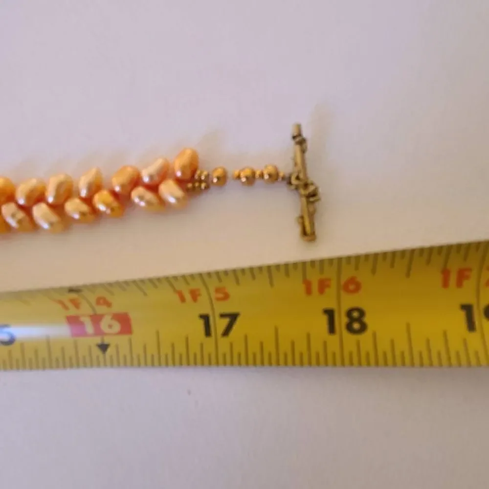 Womens Soft Golden Orange Gold Leaf Closure Double Layer Seed Pearl Necklace